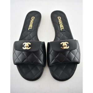 Chanel REV Black Turnlock Quilted Gold CC Logo Mules Slide Sandal Flop Flat 37